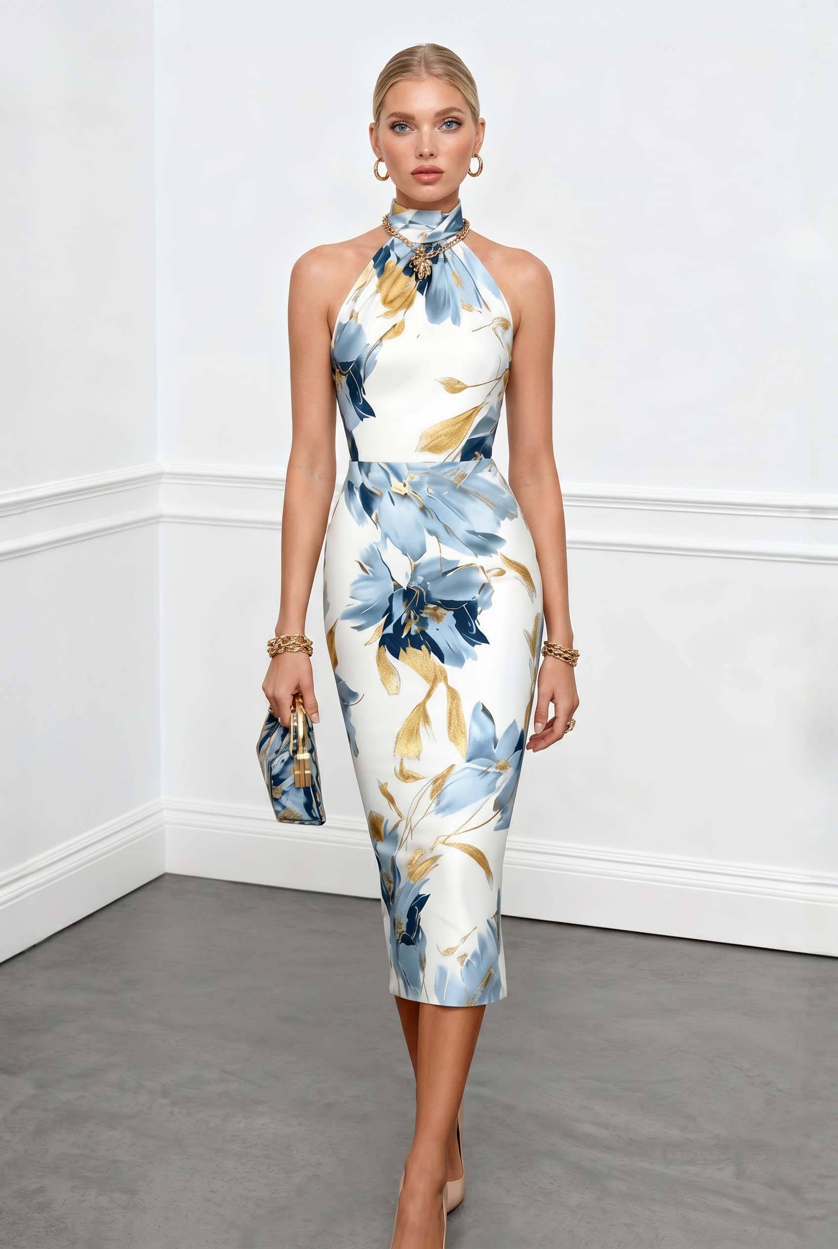 High-Neck Printed Midi Dress