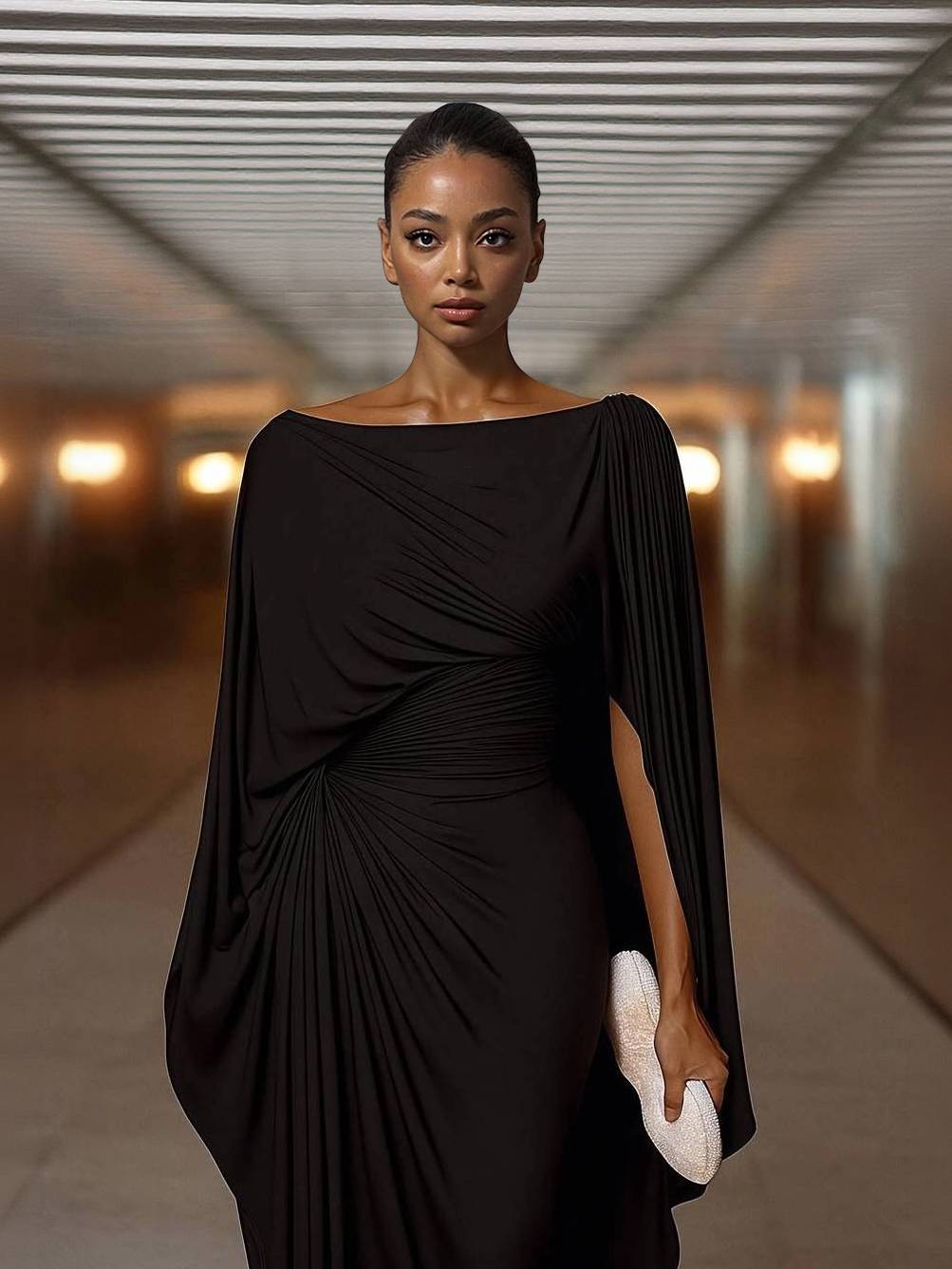 Boat Neck Pleated Slim Fit Maxi Dress