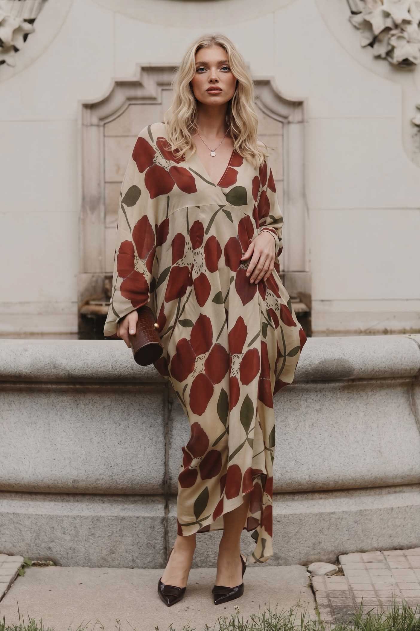 V-Neck Printed Loose Dress