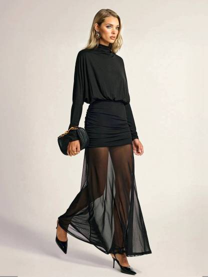 Fake two-piece hip-wrapped Tulle Splicing Maxi Dress