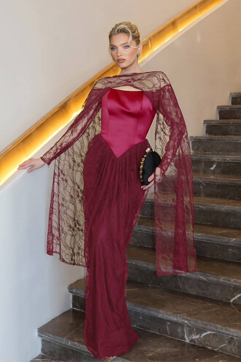 Lace Cape Off-shoulder Long Sleeve Maxi Dress