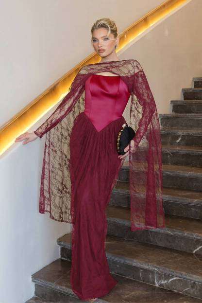 Lace Cape Off-shoulder Long Sleeve Maxi Dress