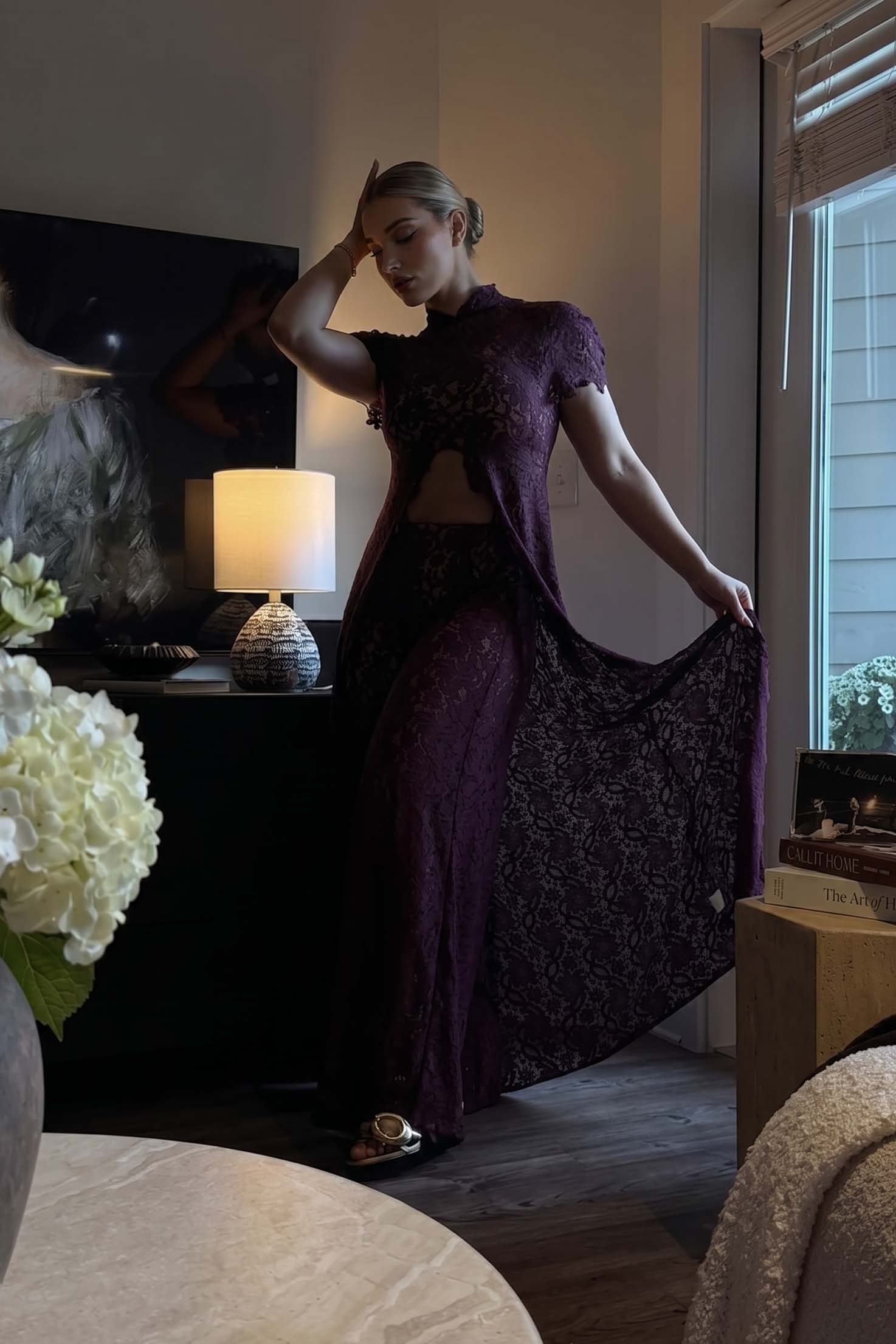 Lace Long-sleeved Top And Wide-leg Pants Set（Headscarf Not Included）
