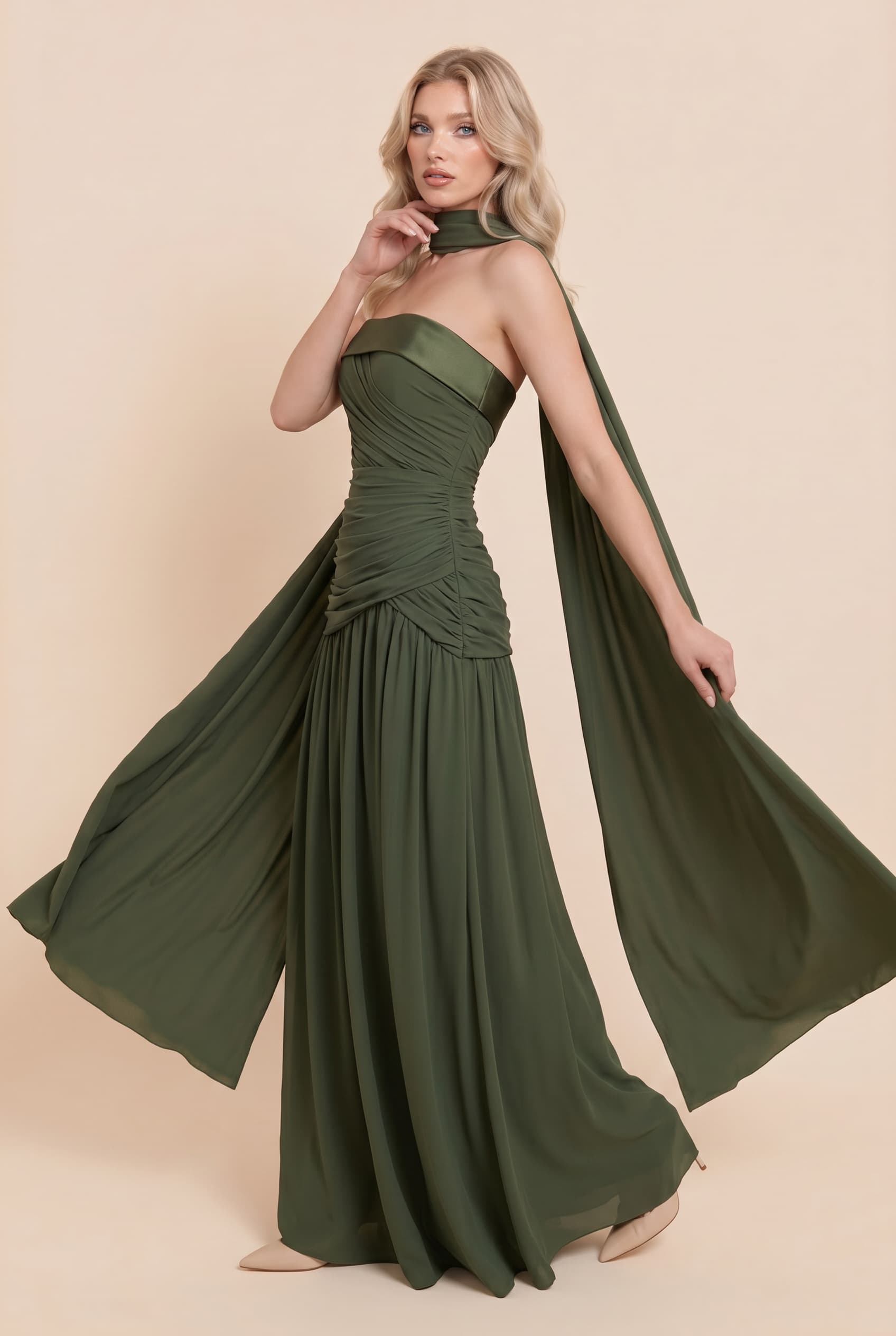 Pleated Design Scarf Maxi Dress