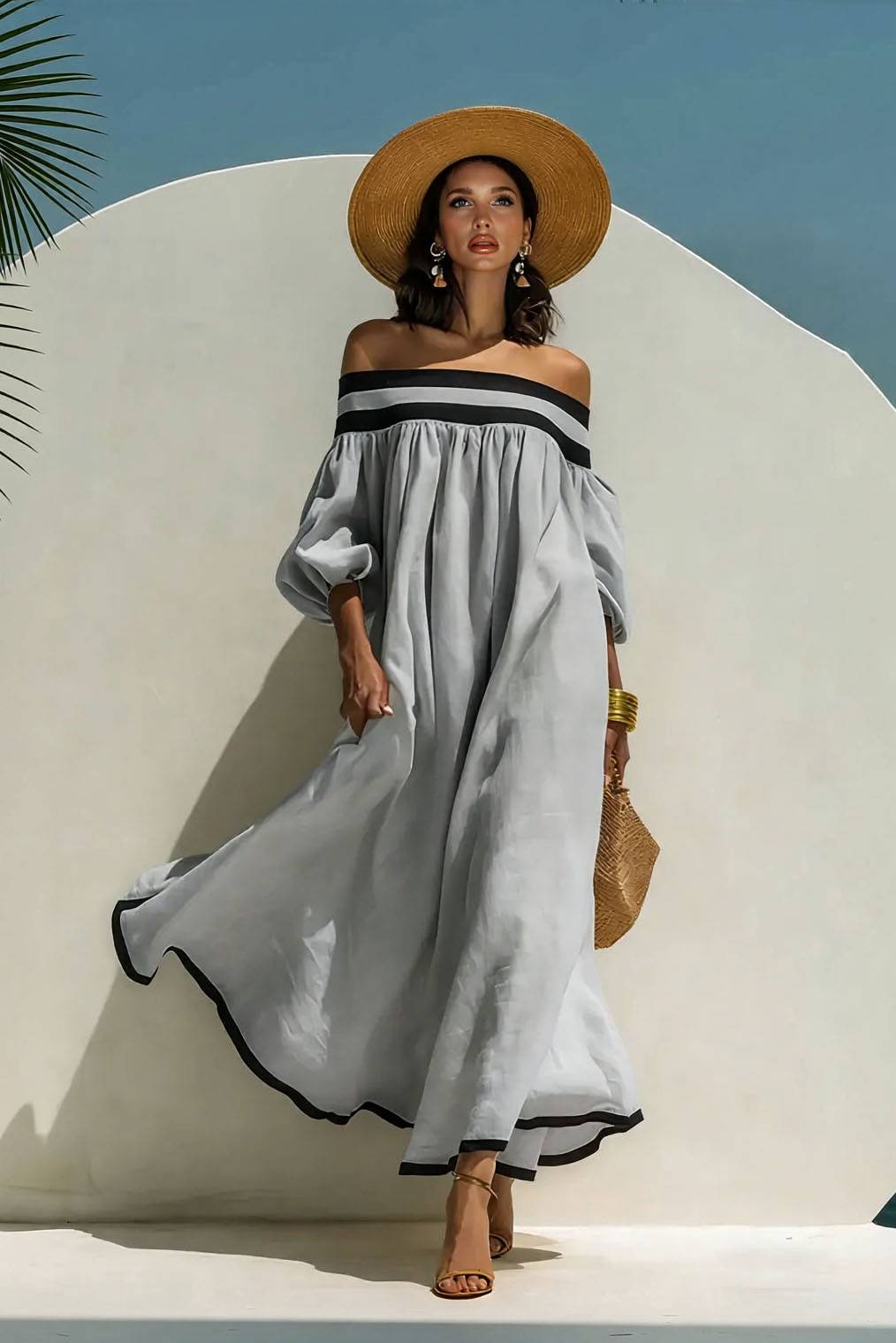 Color Contrast Off-Shoulder Loose-Fitting Dress