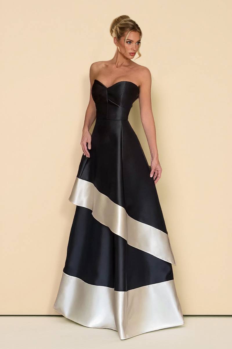 Tube Top Color Contrast High Waist A- Line Maxi Dress