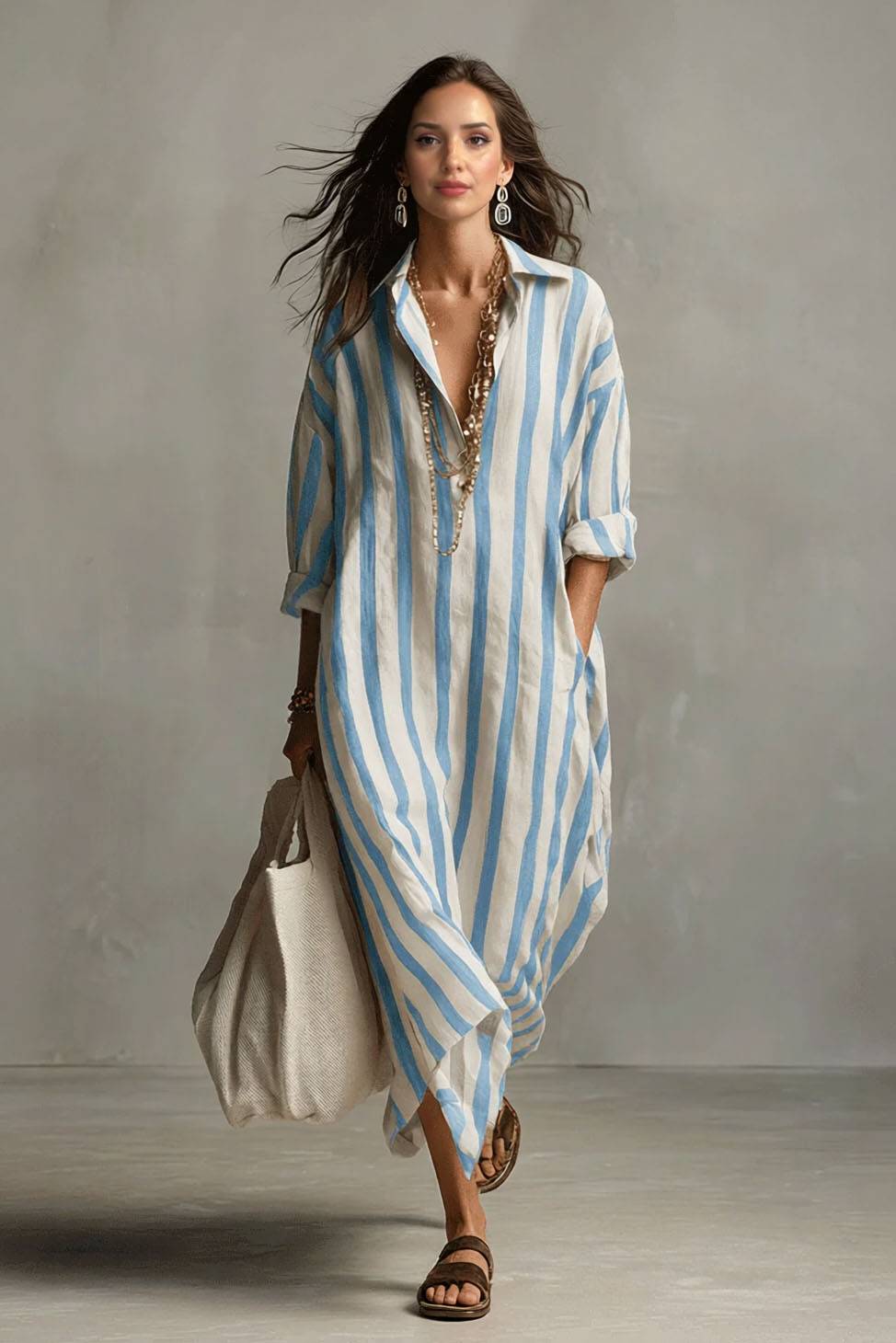 Deep V-Neck Stripe Printed Shirt Dress