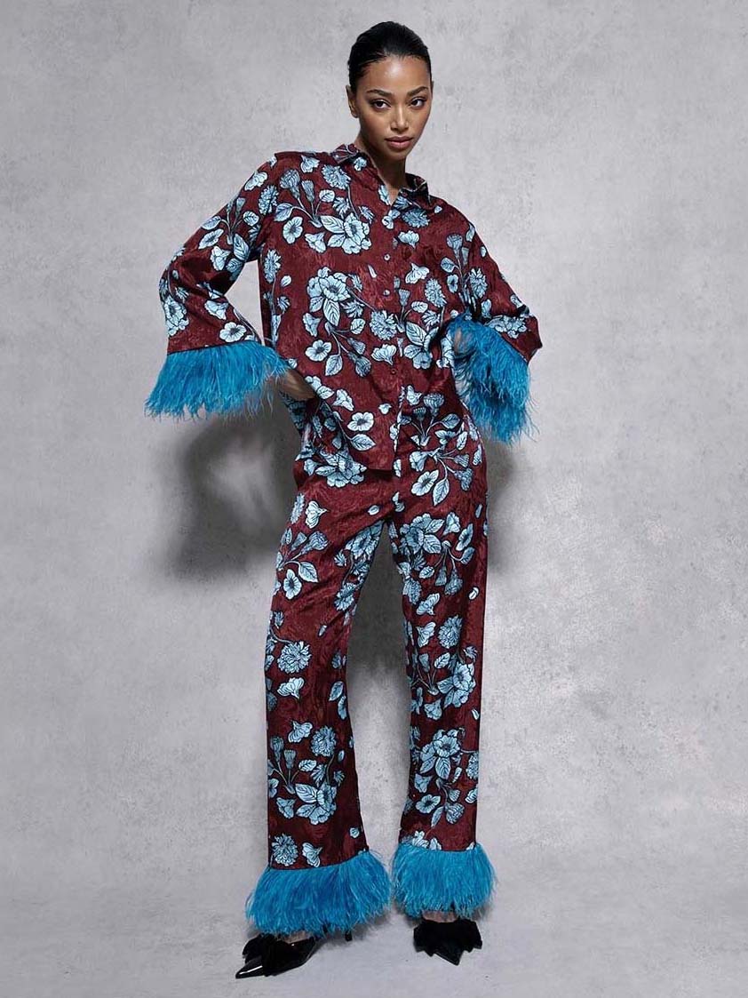 Retro Floral Print Satin Feather Long-sleeved Two-piece Suit