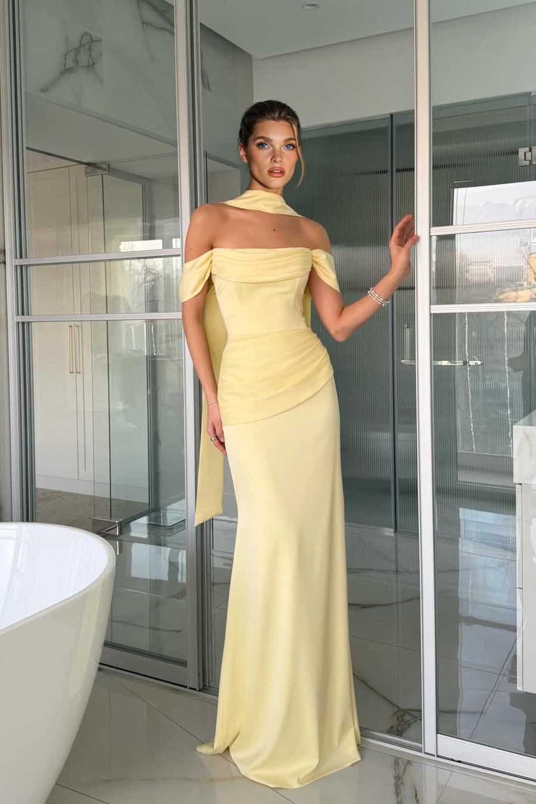 Off-Shoulder Pleated Scarf Maxi Dress