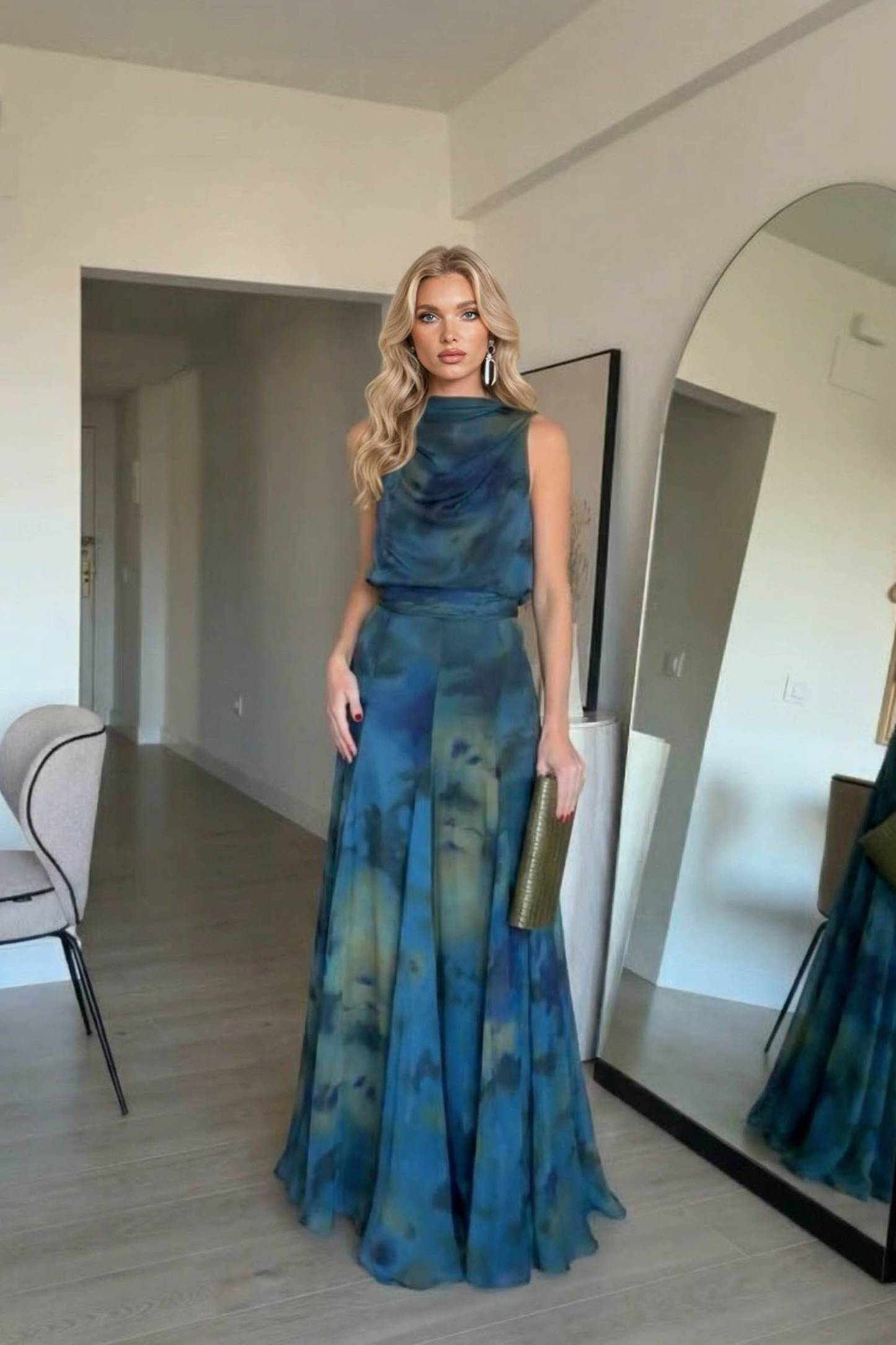 Asymmetric Design Printed Top Scarf And Skirt Set