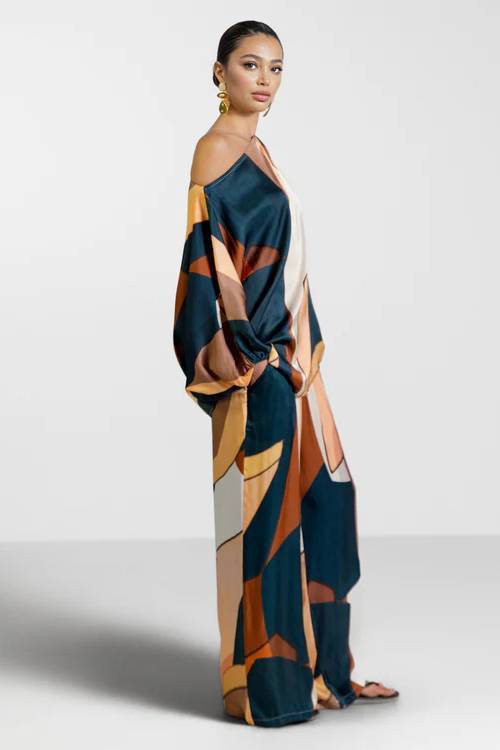 Geometric Print Shirt And Wide Leg Pants Set