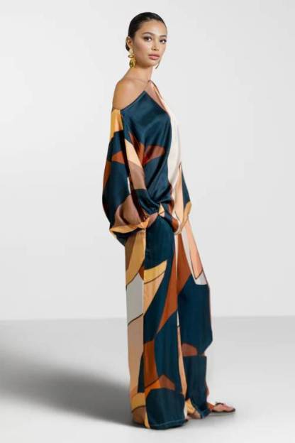 Geometric Print Shirt And Wide Leg Pants Set