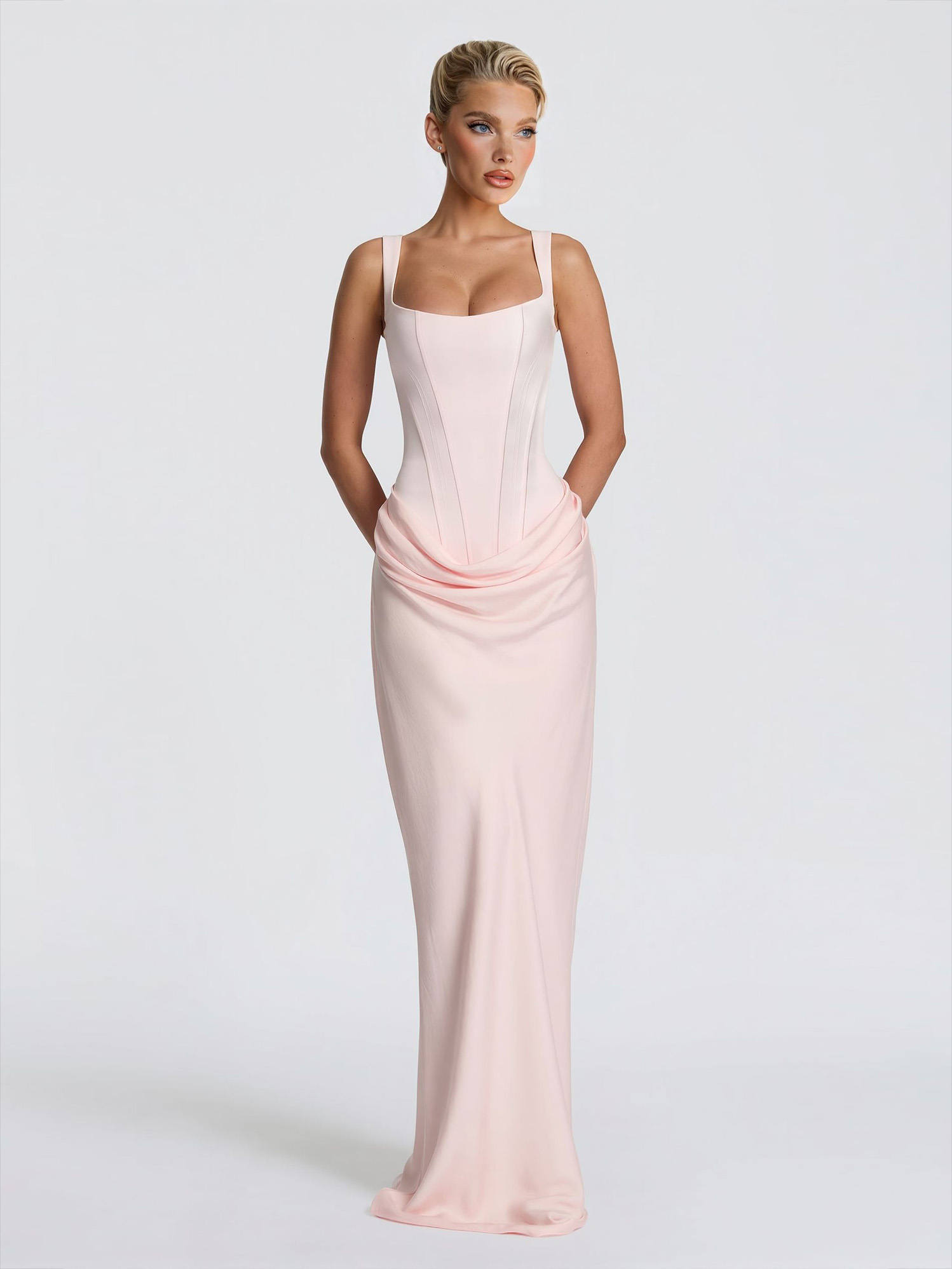 Elegant Square Neck Cinched Top & Ruched Waist Draped Maxi Dress