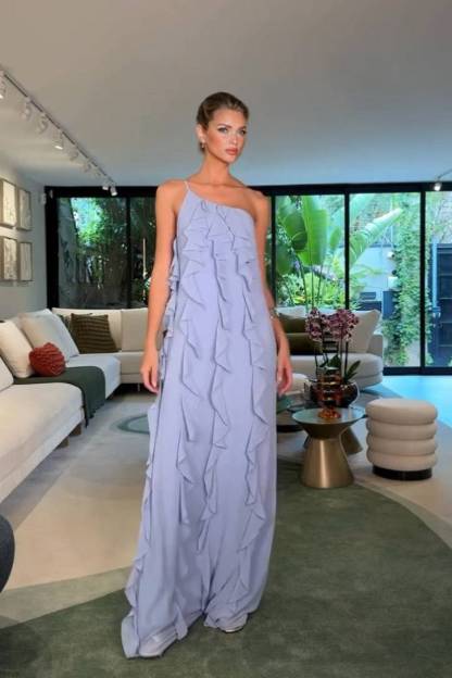 Slant Shoulder Ruffled Maxi Dress