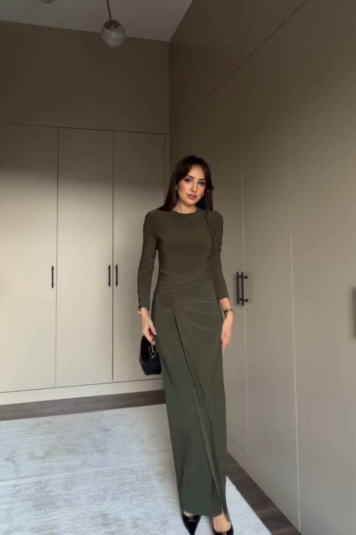 Pleated Front Slit Maxi Dress