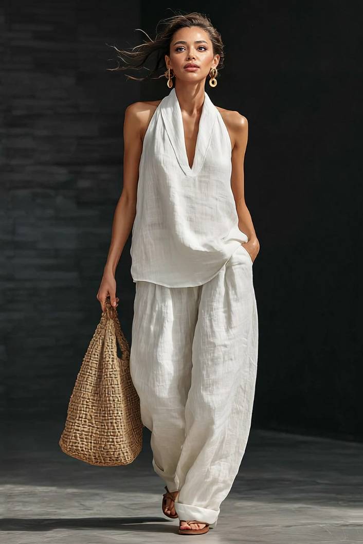 V-Neck A- Line Shirt And Wide Leg Pants Set