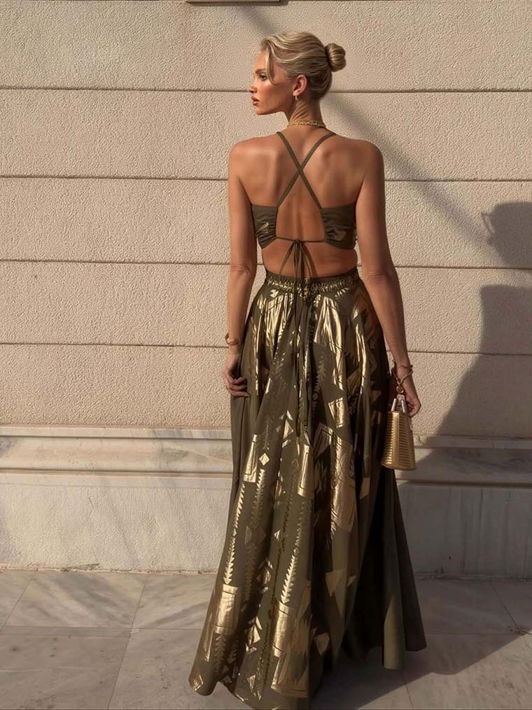 Elegant Gold Foil Print Cutout Waist Maxi Dress