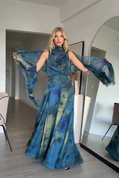 Asymmetric Design Printed Top Scarf And Skirt Set