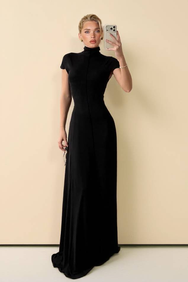 Minimalist High-neck Short-sleeved Maxi Dress