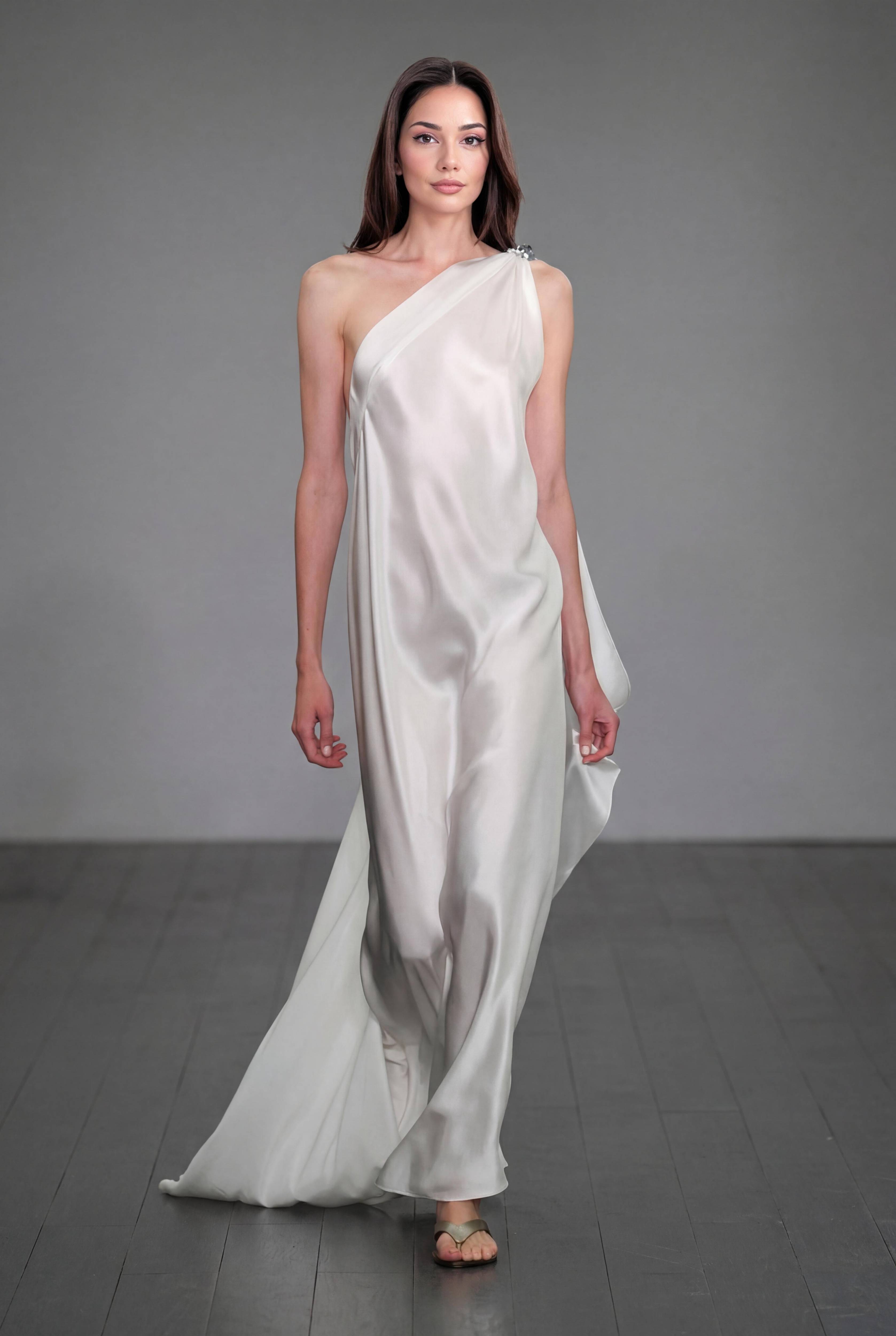 Slant Shoulder A- Line Maxi Dress