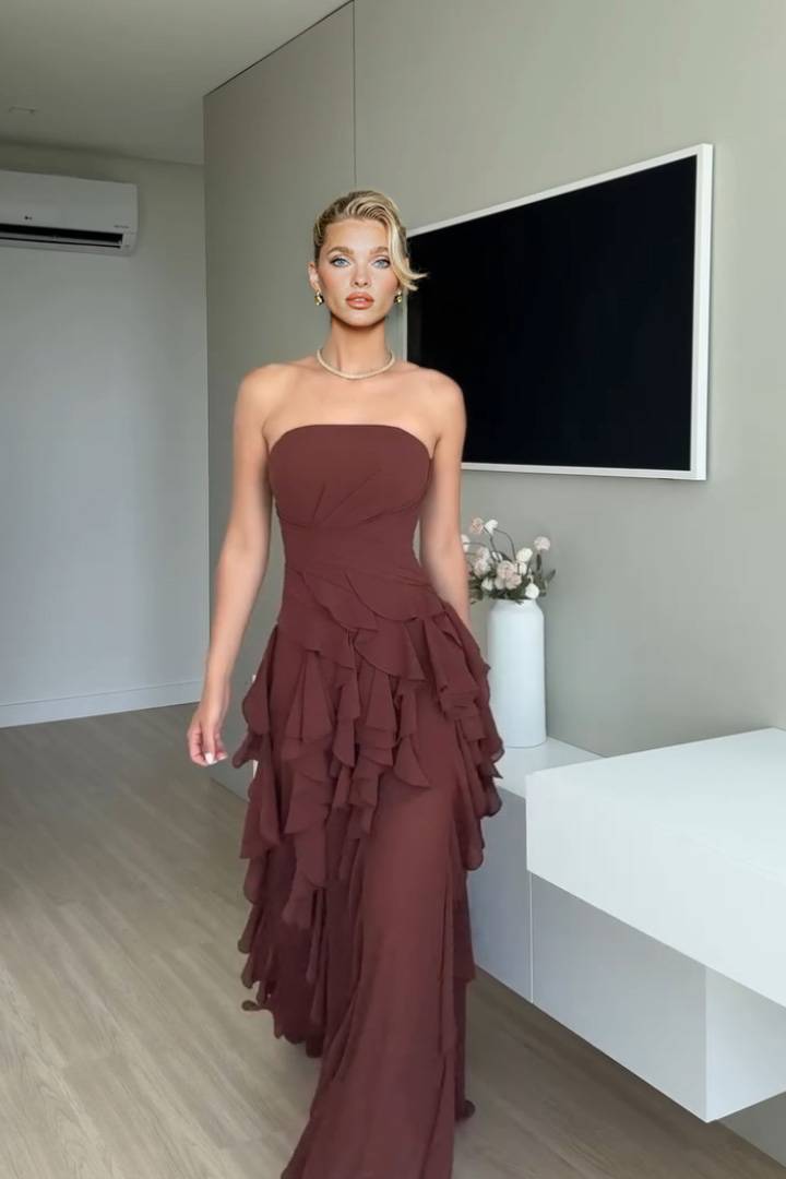 Pleated Strapless Ruffle Slit Dress 