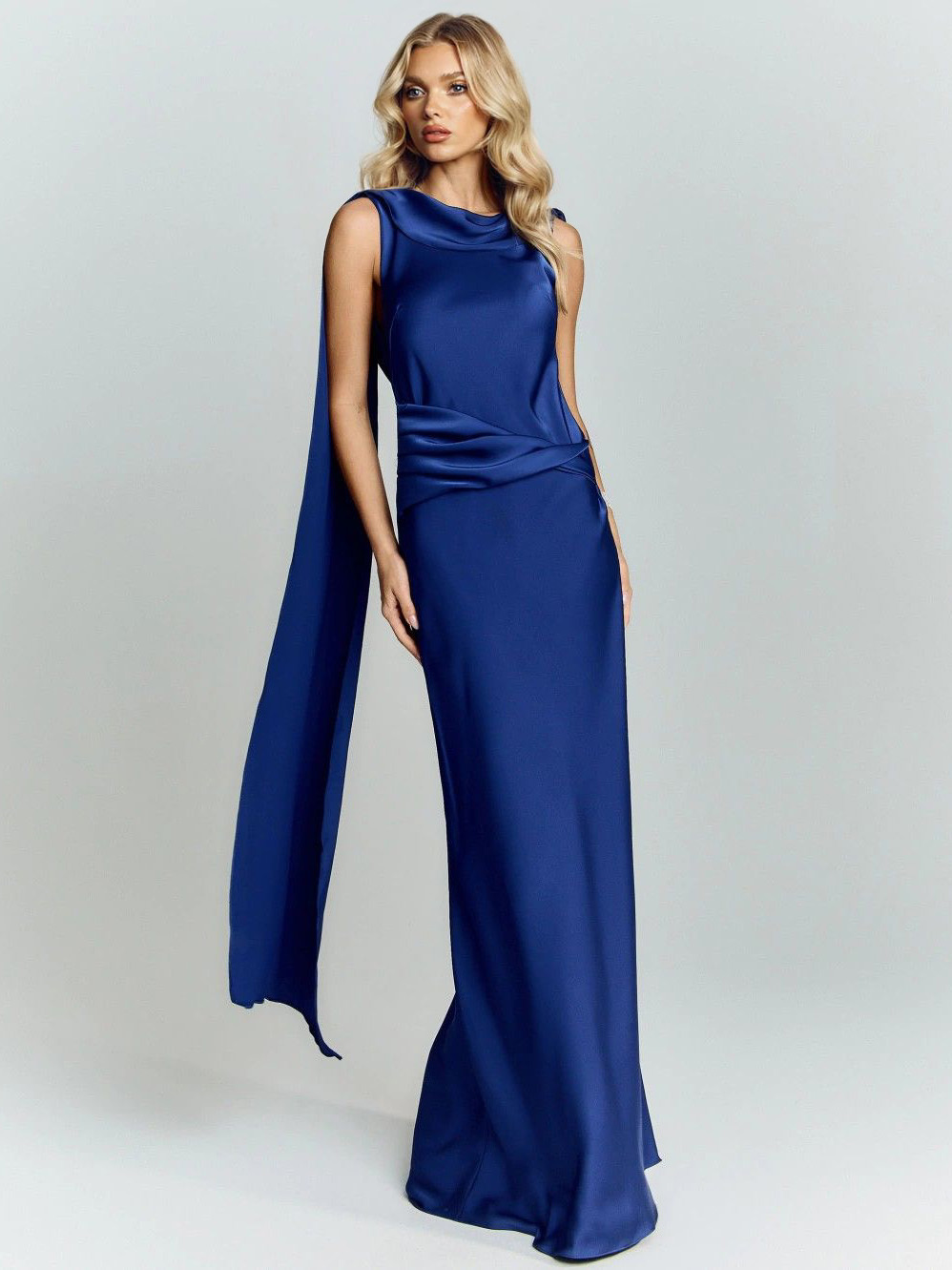 Elegant Satin Draped Shoulder Maxi Dress