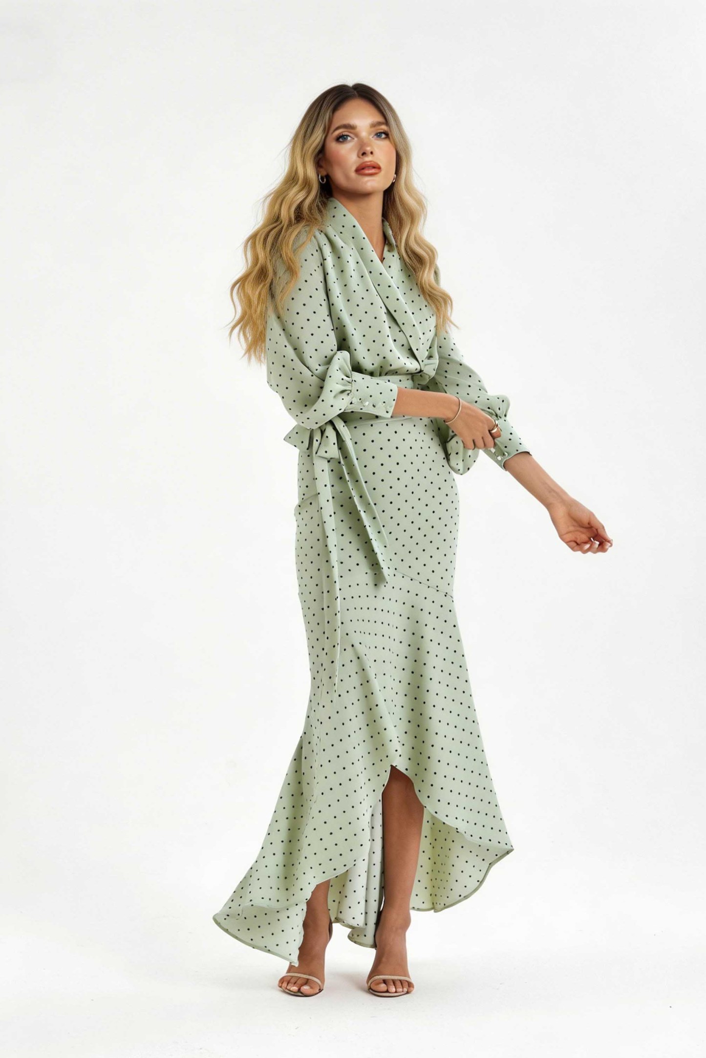 Polka Dot High-waisted Fishtail Maxi Dress