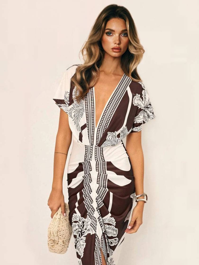 Distinctive Printed V-Neck Midi Dress