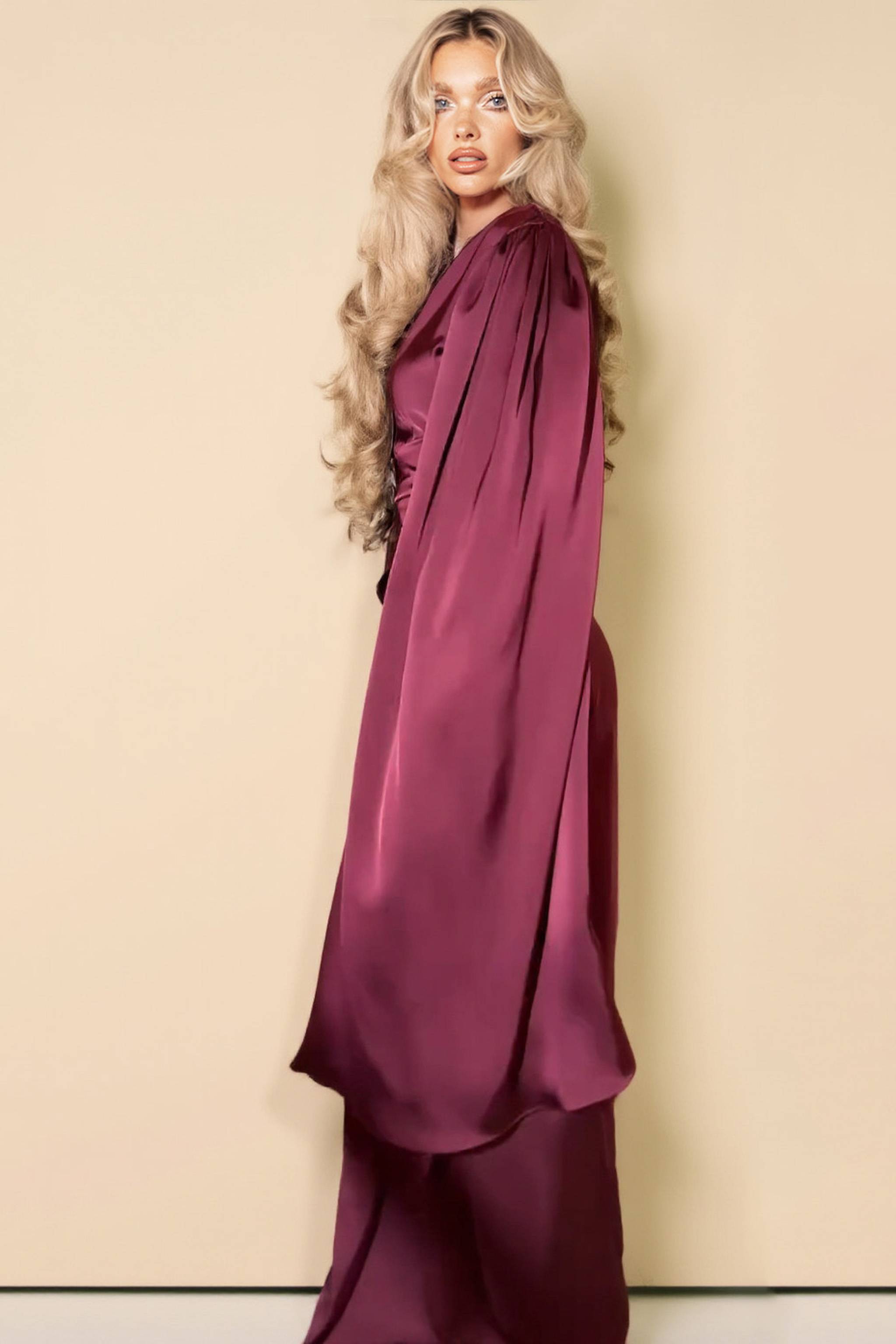 Boat Neck Pleated Satin Maxi Dress