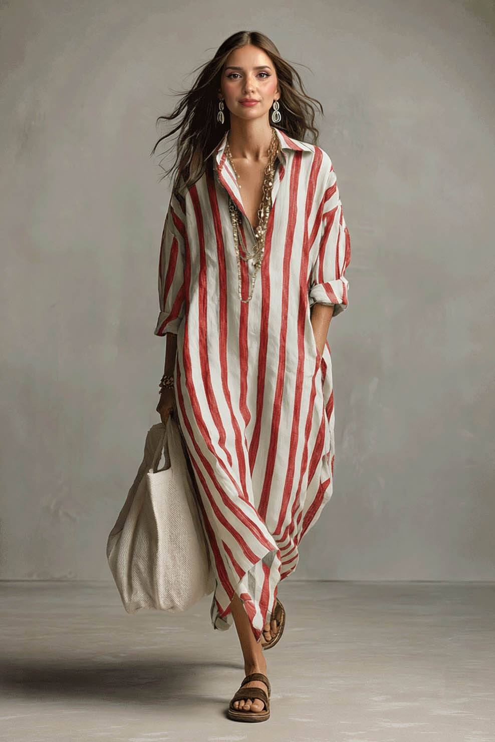 Deep V-Neck Stripe Printed Shirt Dress