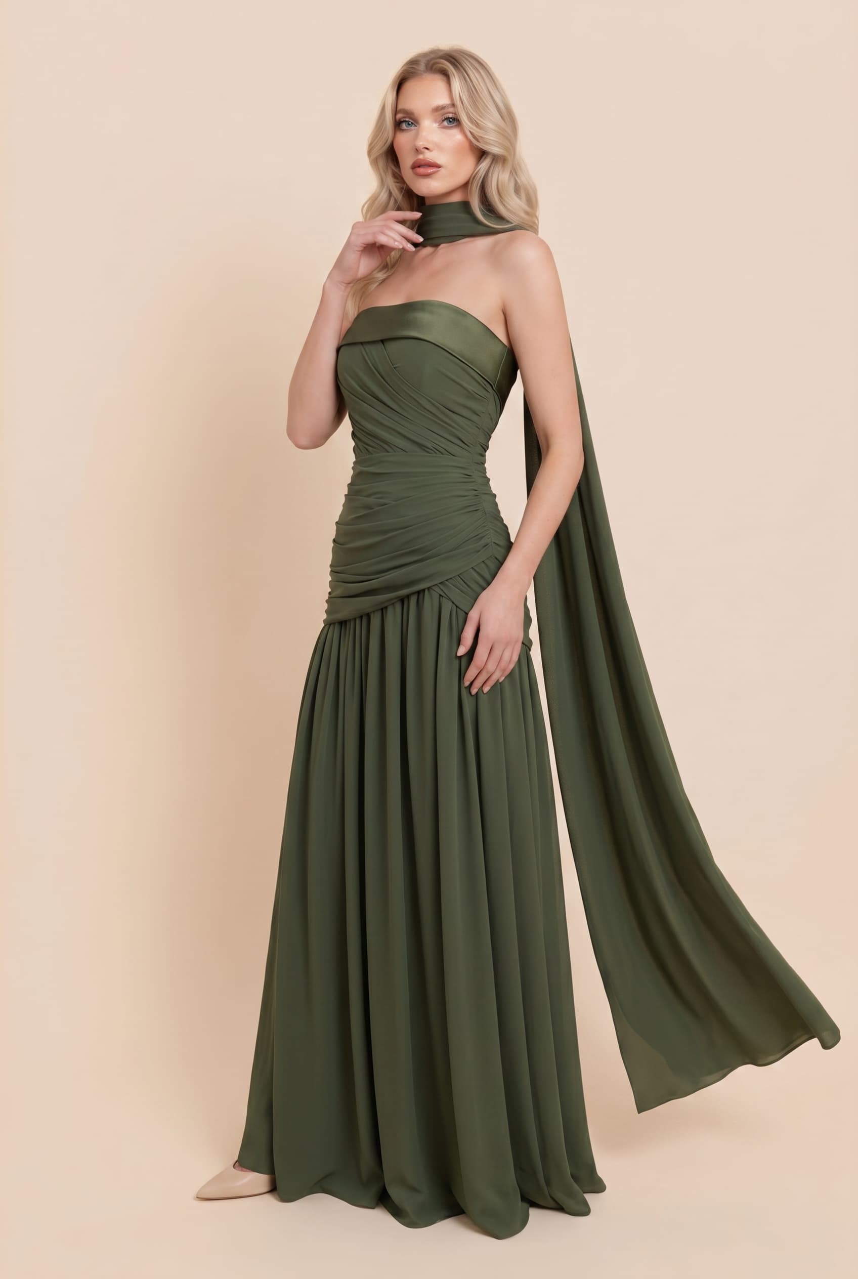 Pleated Design Scarf Maxi Dress