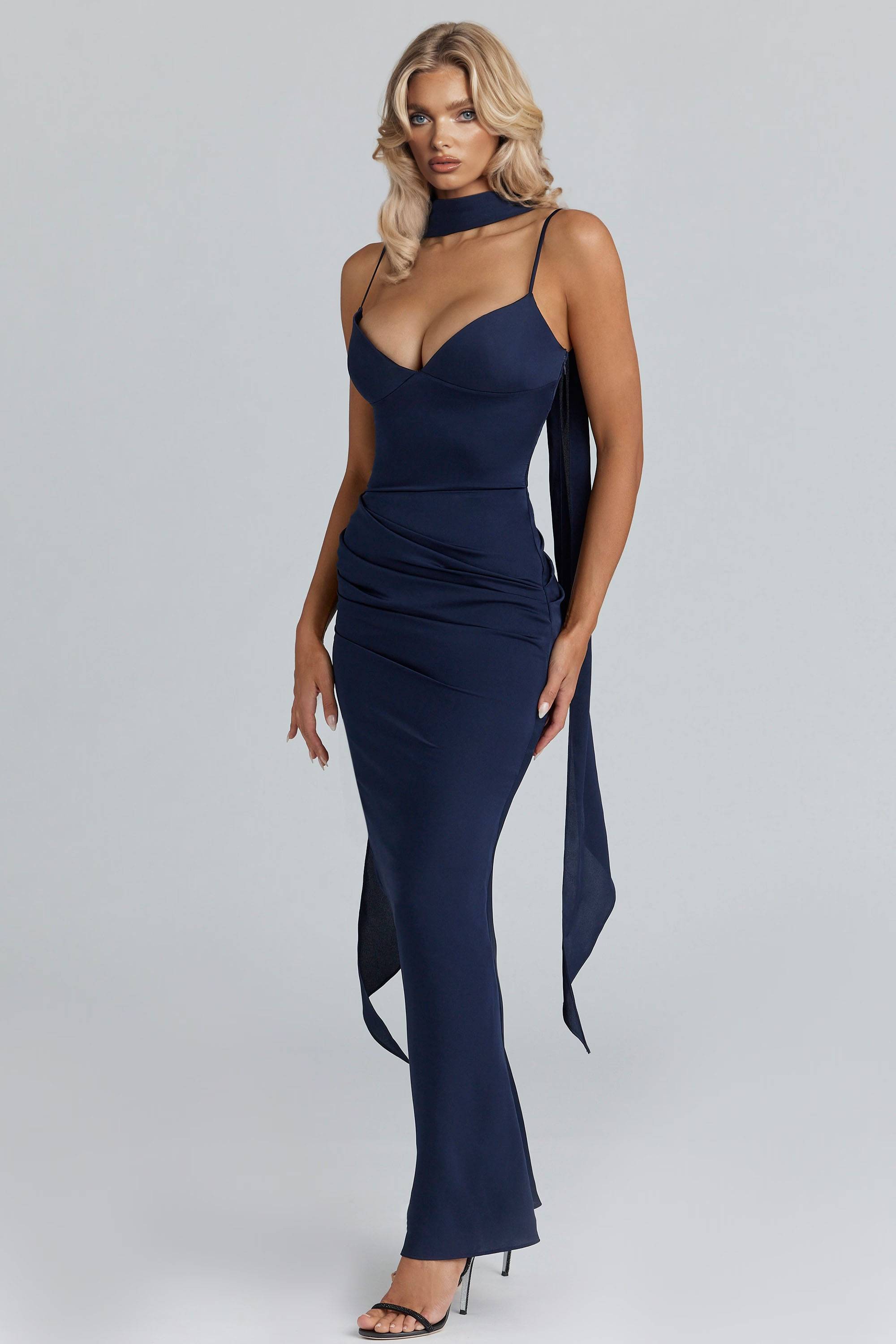 Pleated Design Scarf Sling Maxi Dress