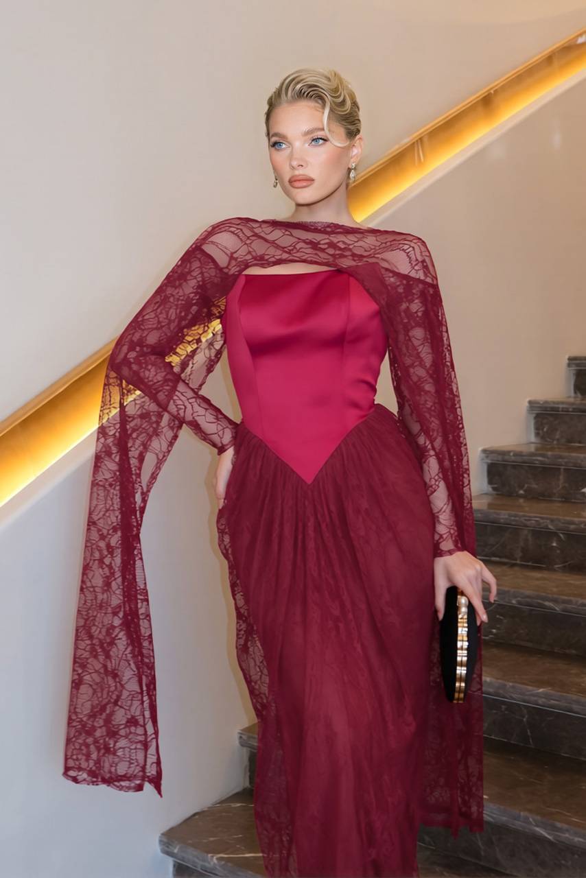 Lace Cape Off-shoulder Long Sleeve Maxi Dress