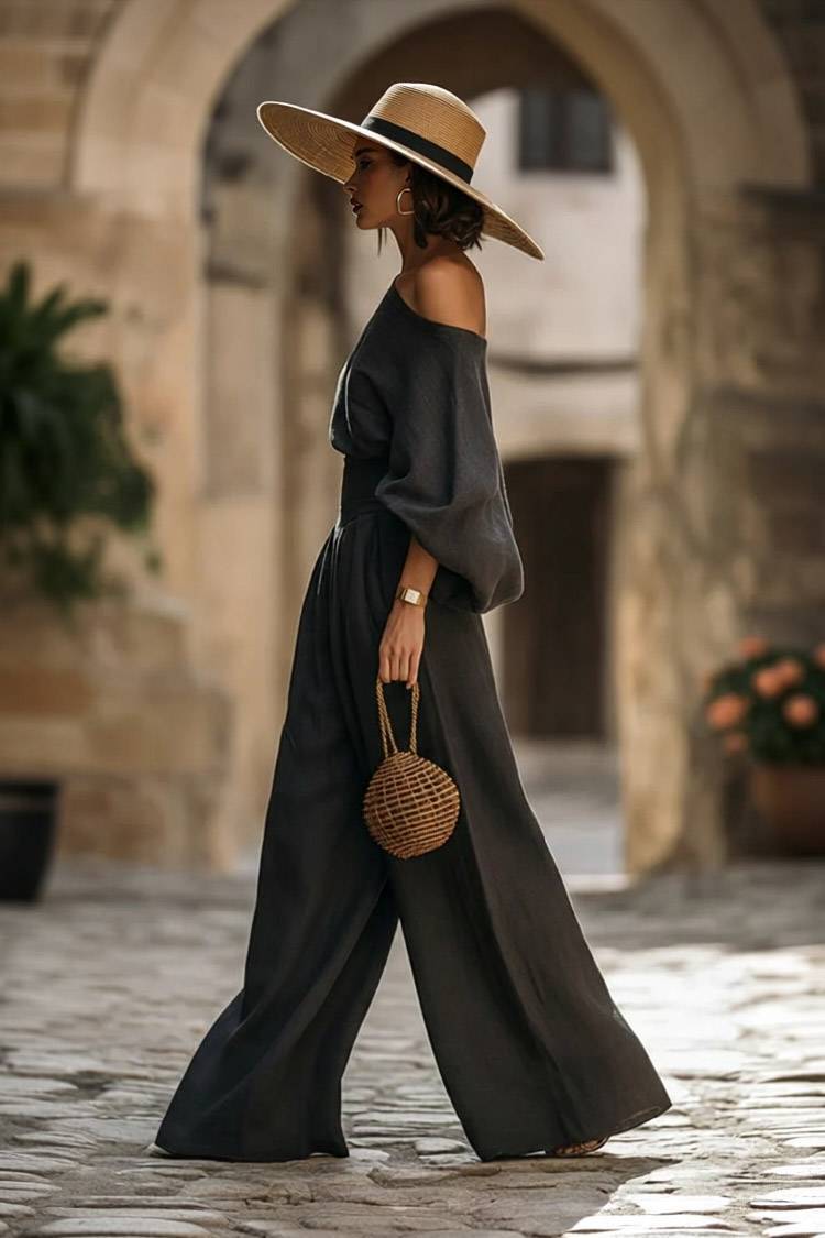 Off-shoulder Shirt And Wide-leg Pants Set