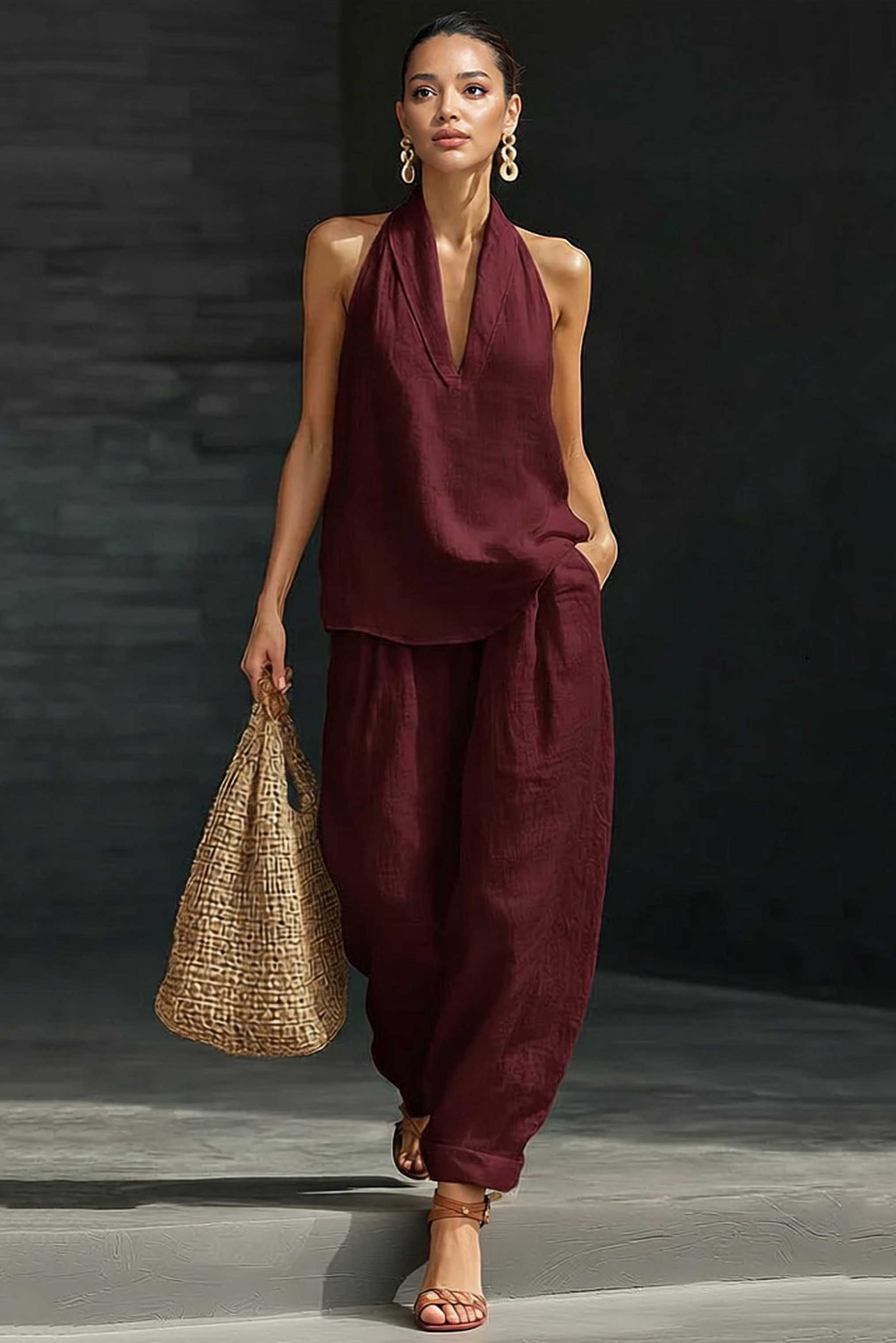 V-Neck A- Line Shirt And Wide Leg Pants Set