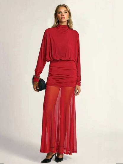 Fake two-piece hip-wrapped Tulle Splicing Maxi Dress