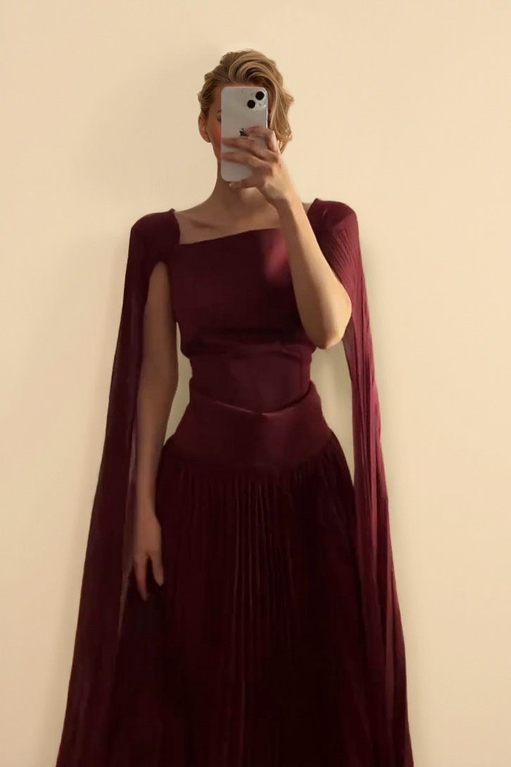 Shawl Sleeve Pleated Maxi Dress