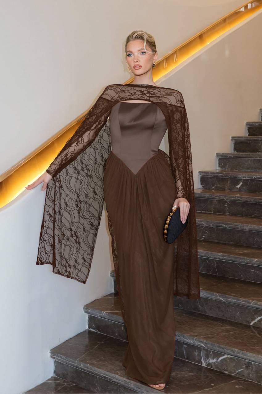 Lace Cape Off-shoulder Long Sleeve Maxi Dress