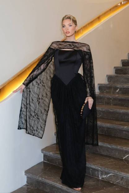 Lace Cape Off-shoulder Long Sleeve Maxi Dress