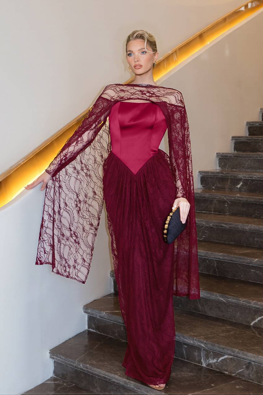 Lace Cape Off-shoulder Long Sleeve Maxi Dress