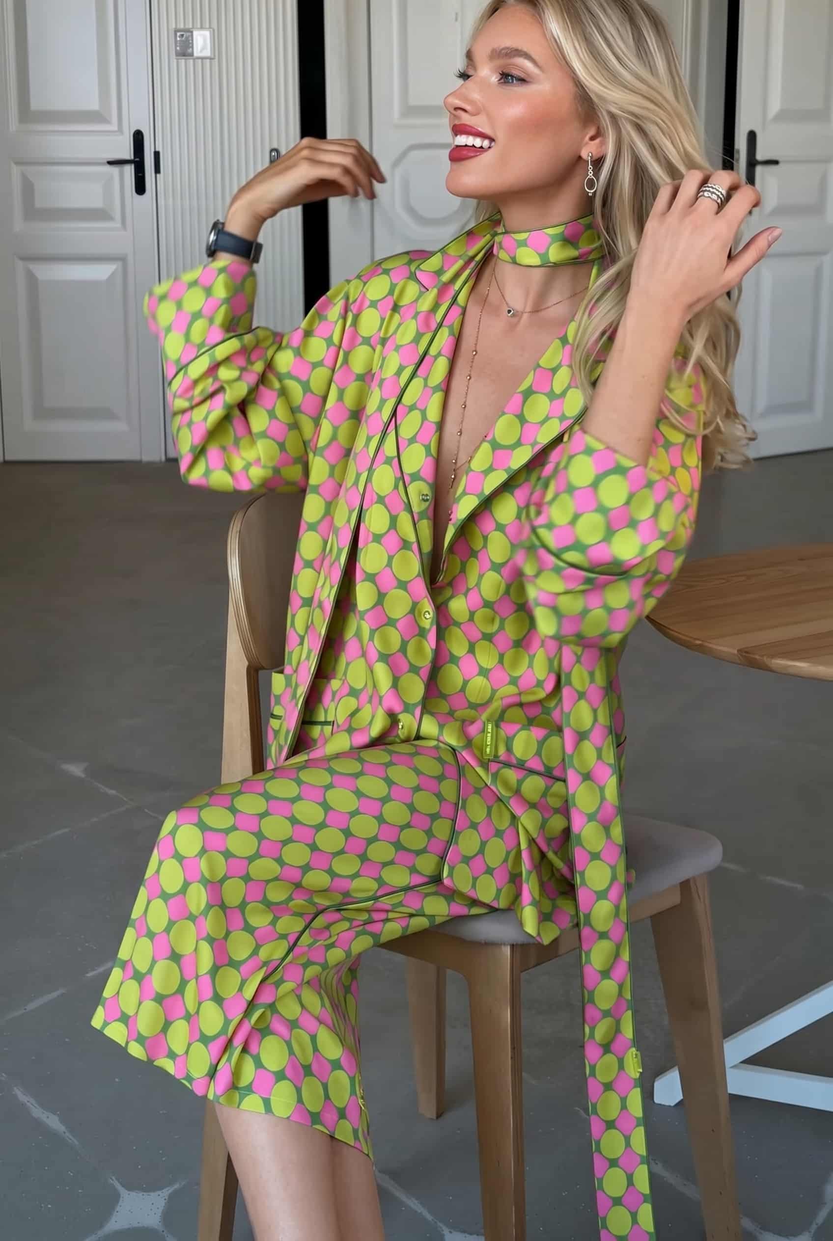 Printed Scarf Shirt And Wide Leg Pants Set