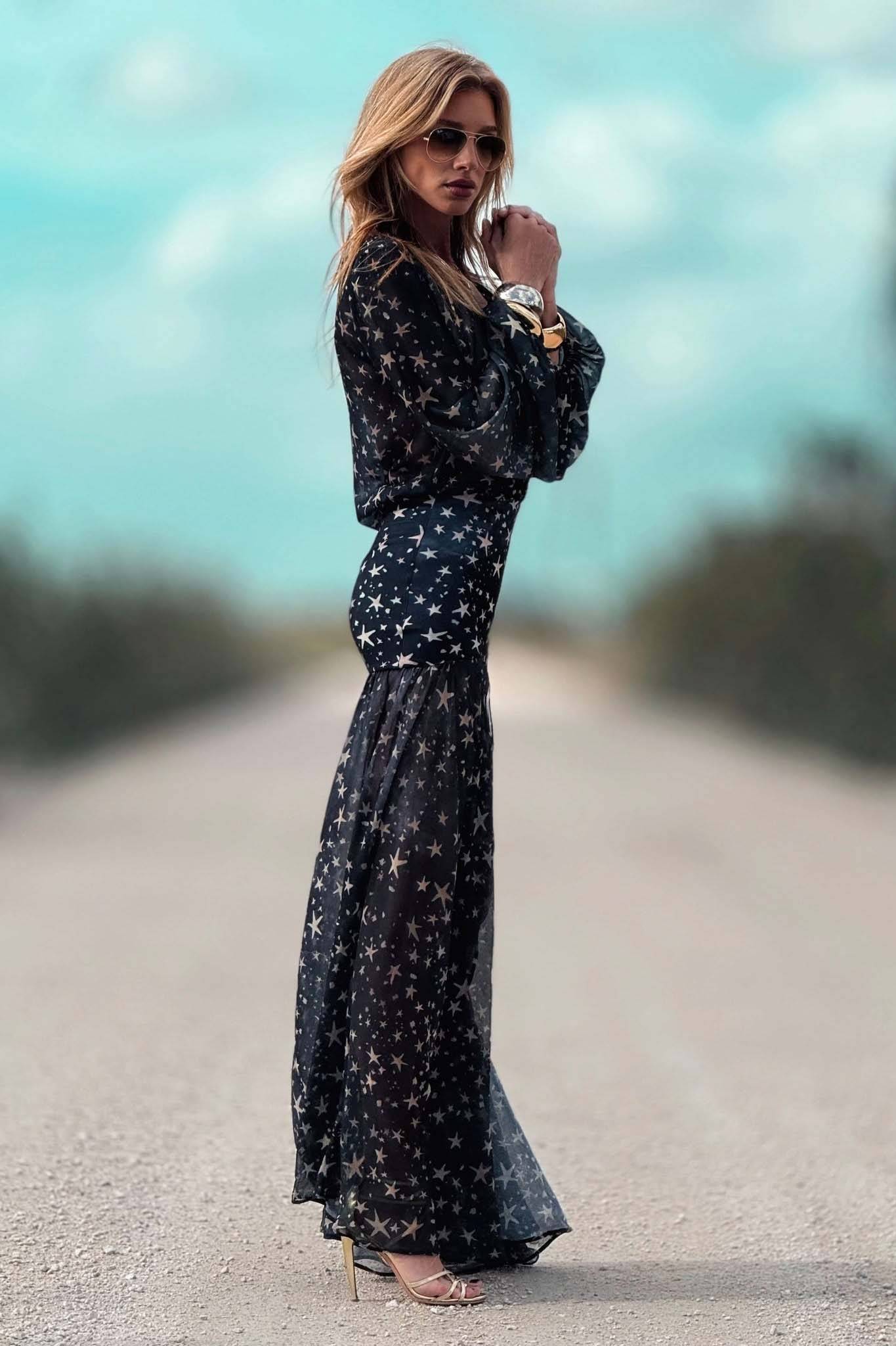 Deep V-Neck Slit Printed Maxi Dress