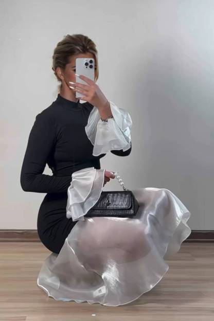 Color Contrast Fishtail Slim Fit Midi Dress