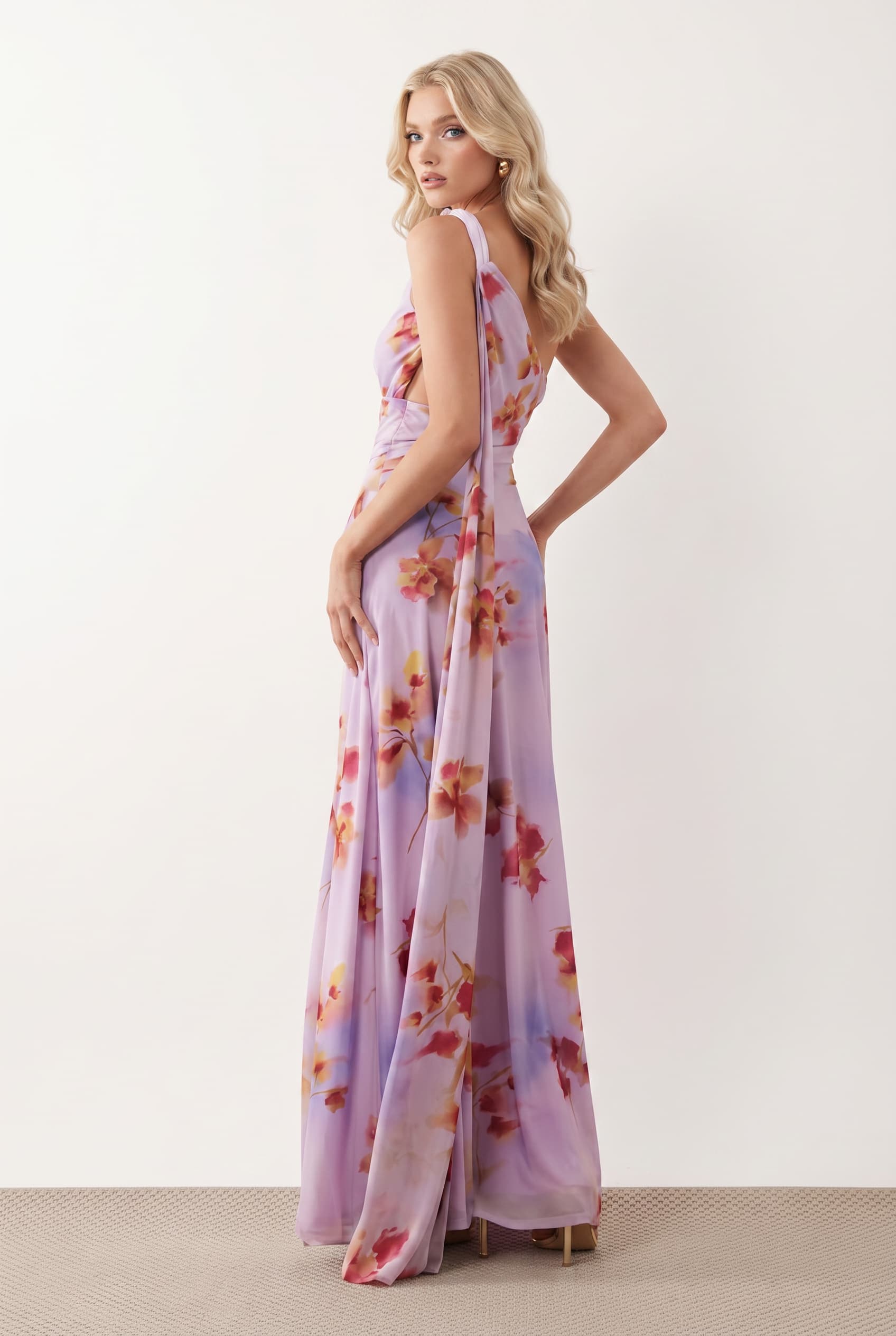 Slant-Shoulder Lace-Up Printed Maxi Dress