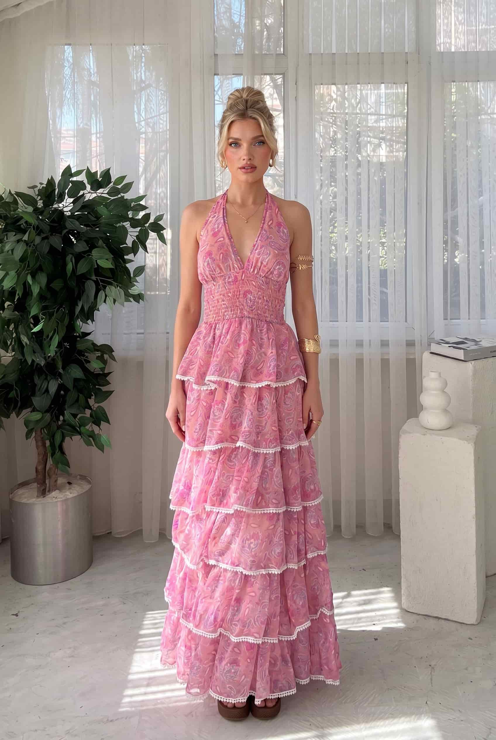 V-Neck Printed Ruffled Dress