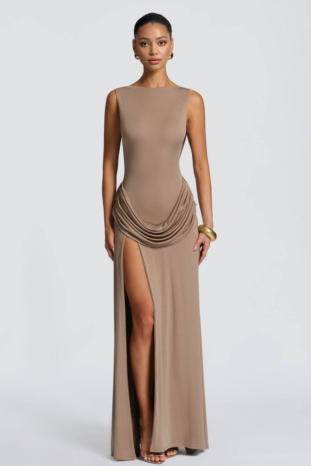 Pleated Design Slit Maxi Dress