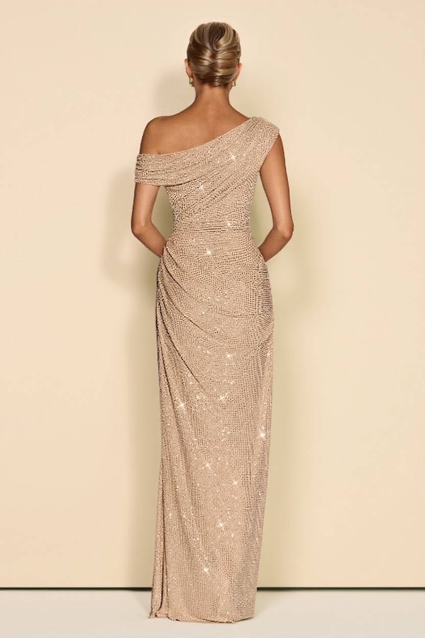 Off-Shoulder Shiny Pleated Maxi Dress