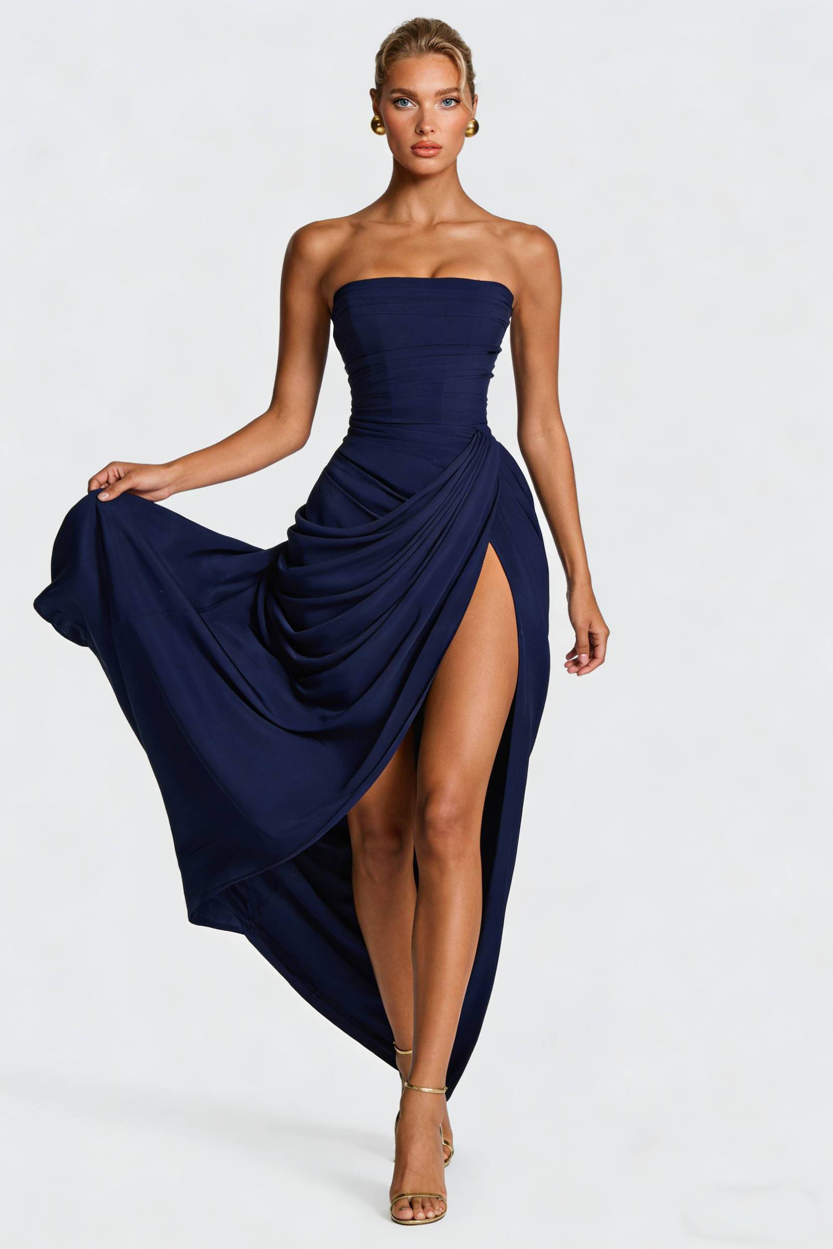 Strapless Pleated Slit Maxi Dress