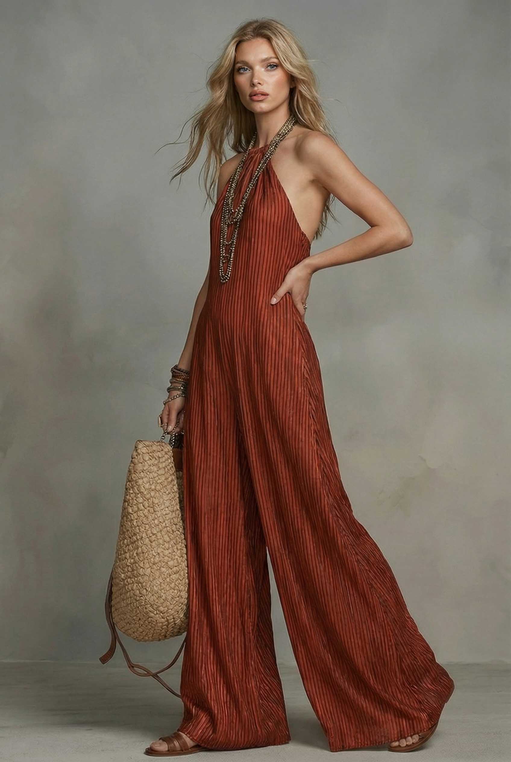 Striped Halter-Neck Maxi Dress