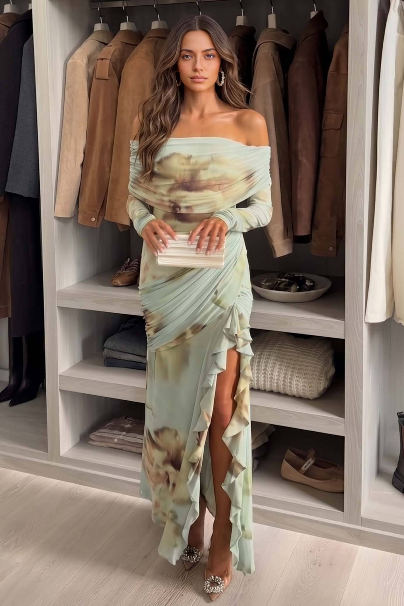 Printed Off-Shoulder Slit Maxi Dress